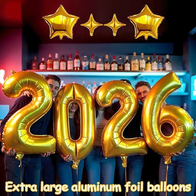2026 Gold Number Balloons with Star Accessories – New Year Party Decor