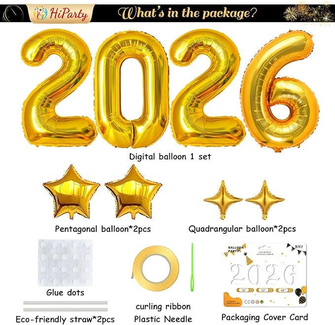 2026 Gold Number Balloons with Star Accessories – New Year Party Decor