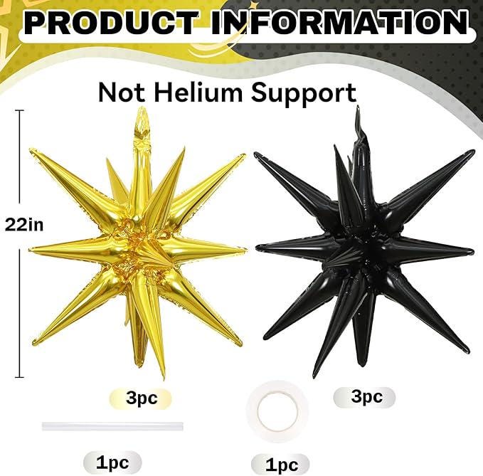 Black and Gold Star Foil Balloons, Party Decorations (6 Pcs)