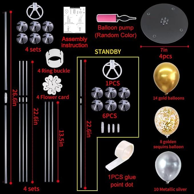 4 Pc Table Centerpiece Balloon Stand Kit with Silver Gold Confetti Balloons for Party