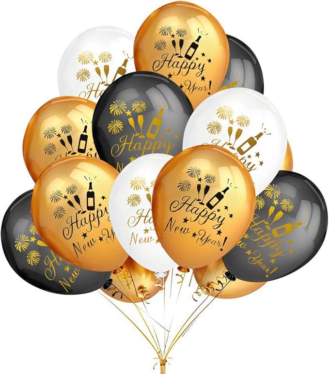 50 Pcs Gold Black White Happy New Year Eve Balloons 2026 Party Decorations