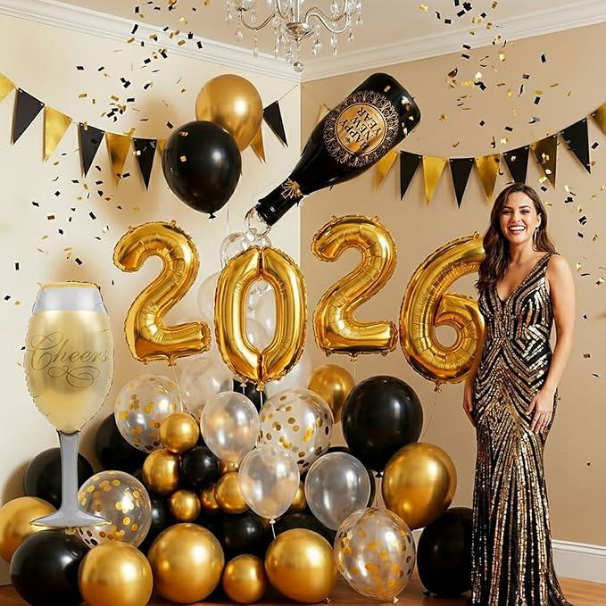 Happy New Year Eve Balloon Garland Arch Kit Black Gold with Foil Balloons 2026