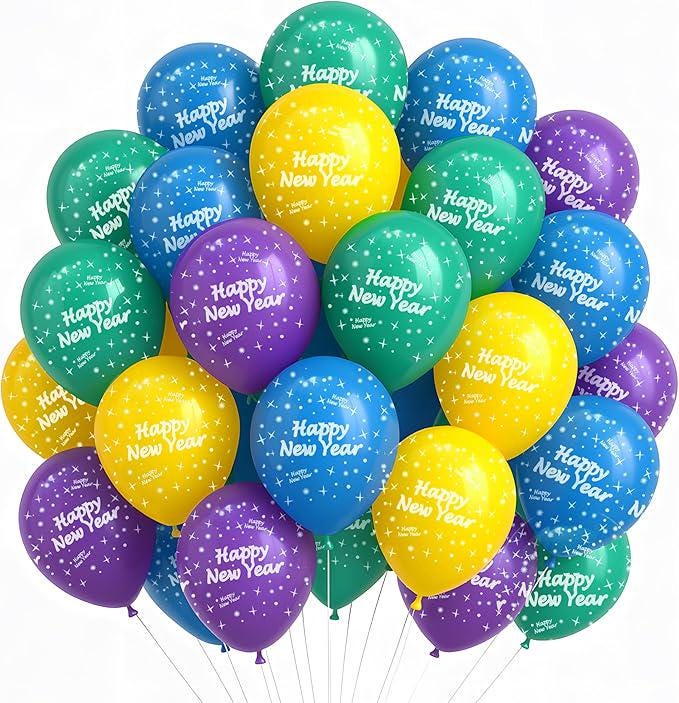 60 Pcs Multicolor Happy New Year Balloons 2026 Party Decorations NYE Supplies