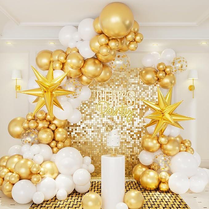146 Pcs White Gold Balloon Garland Arch Kit with Star Foil Balloons for Party Decorations