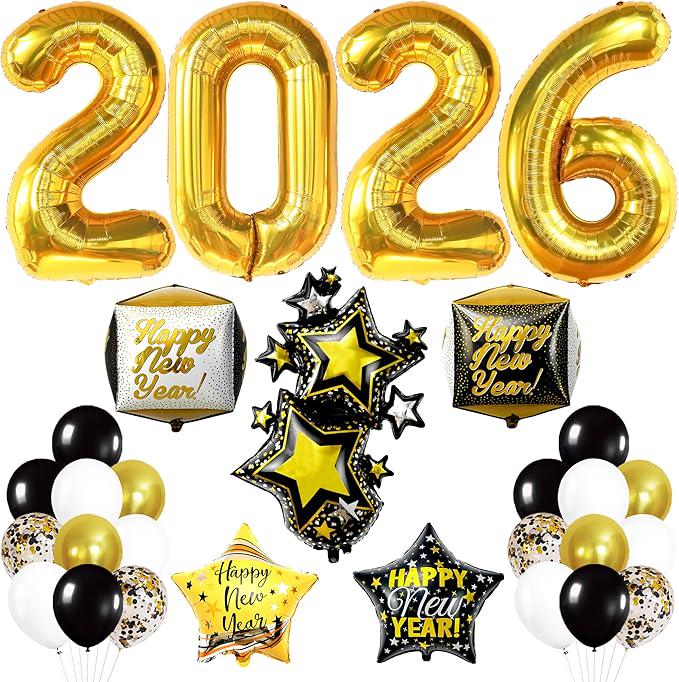 42 Pcs Giant 40 Inch 2026 Gold Balloons with Black Star Foil Party Decorations