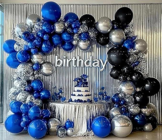 Black Blue Balloon Garland Double Stuffed Navy Royal Silver Foil Arch Kit for Party