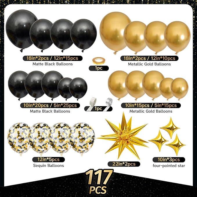 Black Gold Balloon Arch Kit 117 Pcs Metallic Confetti Balloons for Party 2026