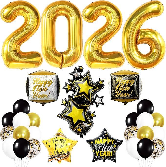 42 Pcs Giant 40 Inch 2026 Gold Balloons with Black Star Foil Party Decorations