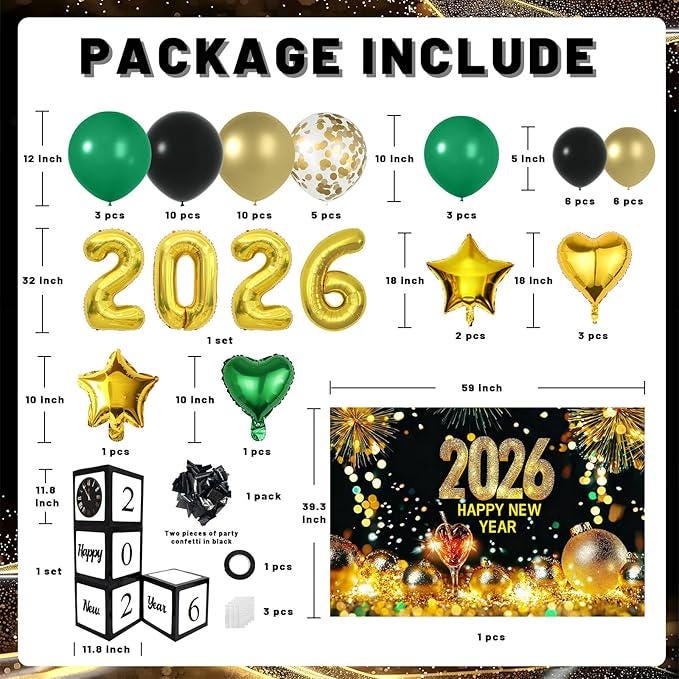 2026 Happy New Year Eve Party Decorations Set Black Gold Balloons Backdrop