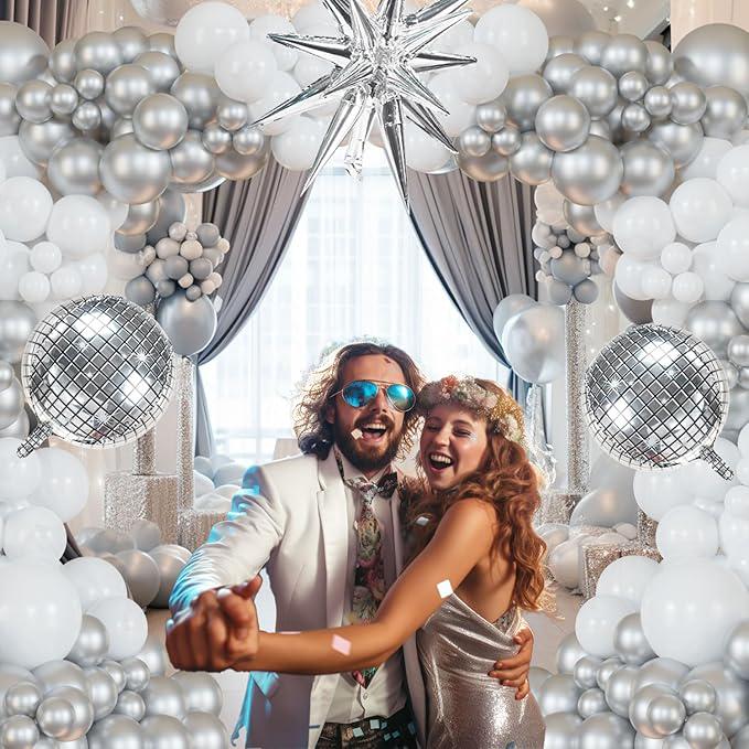 Disco Ball Balloon Arch Kit Chrome Silver White Confetti Balloons for Party Decorations