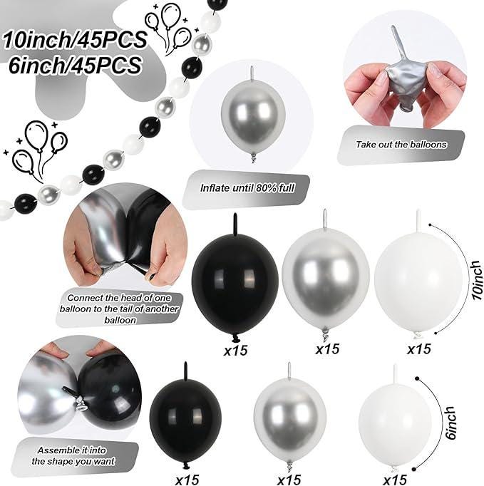 Black White Gold Linking Balloon Arch 90pcs Metallic Balloons for Birthday Wedding Party Decorations