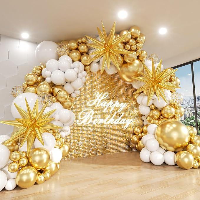 White Gold Balloon Arch Kit 146pcs Stars Metallic Balloons for Birthday Anniversary Party Decorations