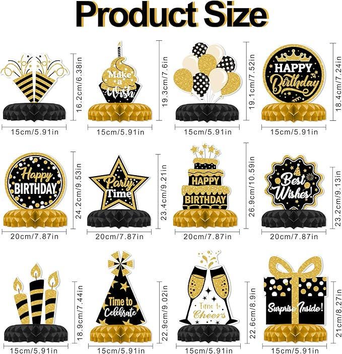 12 Pieces Black and Gold Birthday Table Decorations Honeycomb Centerpieces