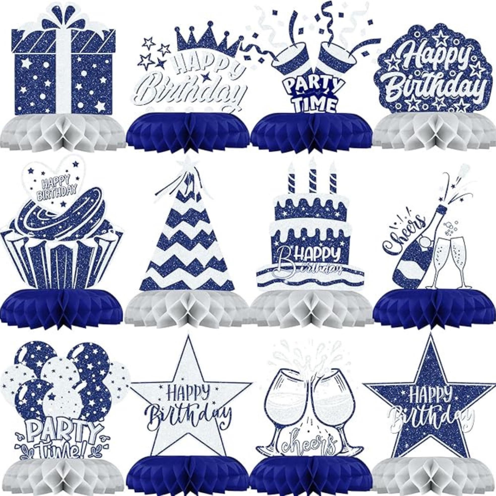 12 Pieces Blue and Silver Birthday Table Centerpieces Honeycomb Decorations
