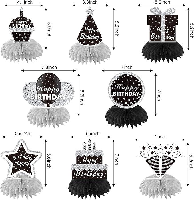 8 Pieces Black White and Silver Birthday Table Centerpieces Honeycomb Decorations