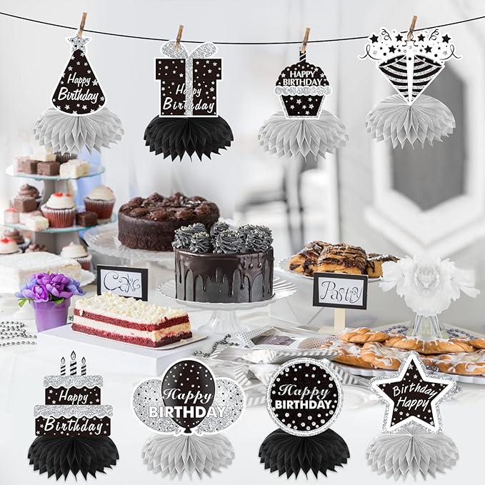 8 Pieces Black White and Silver Birthday Table Centerpieces Honeycomb Decorations