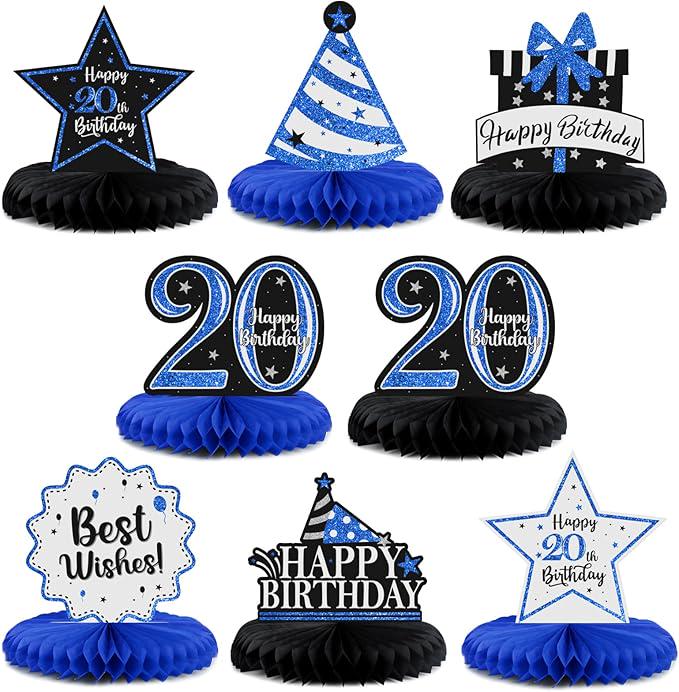 20th Birthday Blue Glitter Table Centerpieces Honeycomb Party Decorations