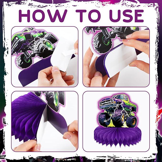 12 Pieces Green and Purple Monster Truck Table Centerpieces Honeycomb Party Decorations for Kids