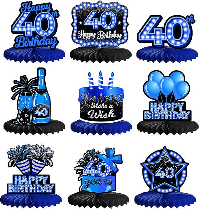9 Pieces Blue Neon 40th Birthday Table Centerpieces Honeycomb Party Decorations