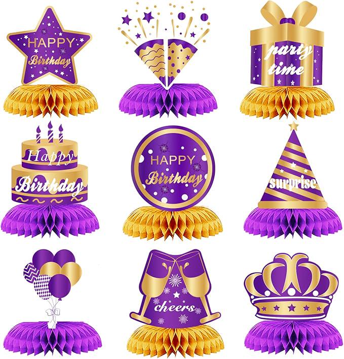 9 Pieces Purple and Gold Birthday Table Centerpieces Honeycomb Decorations