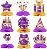 9 Pieces Purple and Gold Birthday Table Centerpieces Honeycomb Decorations