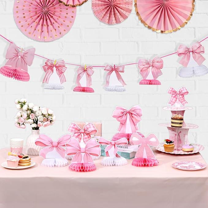 12 Pieces Pink Bow Birthday Table Centerpieces Honeycomb Party Decorations