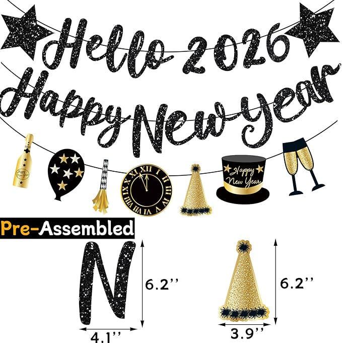 Happy New Year Banner 2026 Black Glitter Pre Strung Sign for NYE Party Supplies