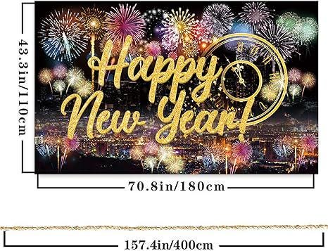 Happy New Year Fabric Backdrop with Fireworks for Photo Booth Party Decoration