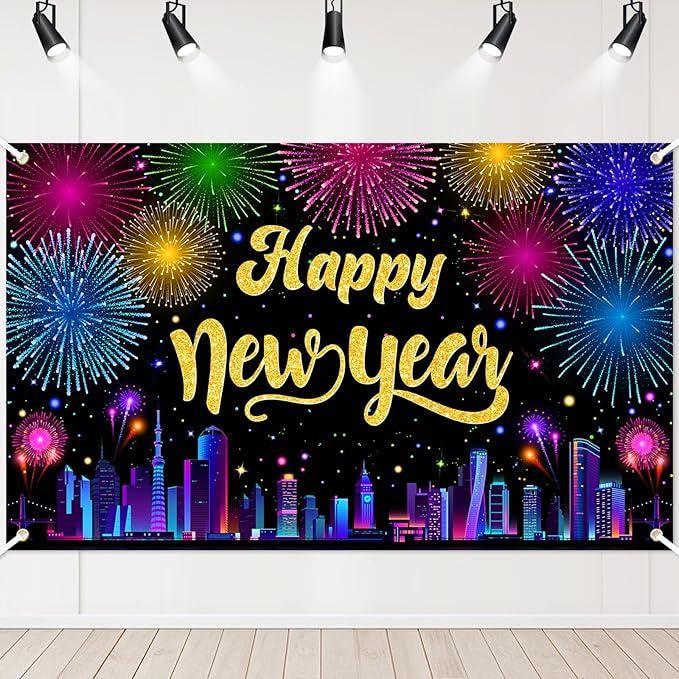 2026 Happy New Year Banner Multicolor Fireworks Cityscape Backdrop for NYE Party