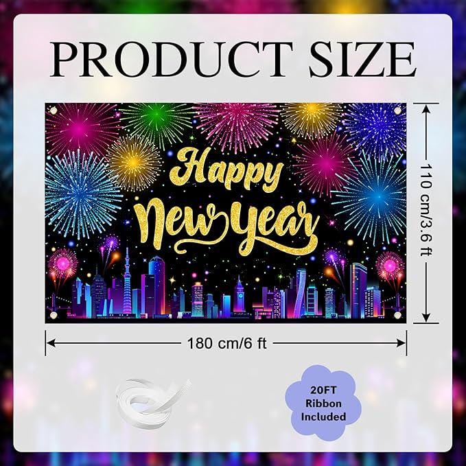 2026 Happy New Year Banner Multicolor Fireworks Cityscape Backdrop for NYE Party