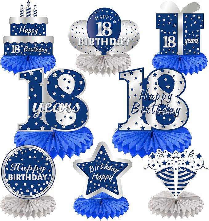 18th Birthday Honeycomb Centerpieces Blue Silver Table Decorations Party Supplies