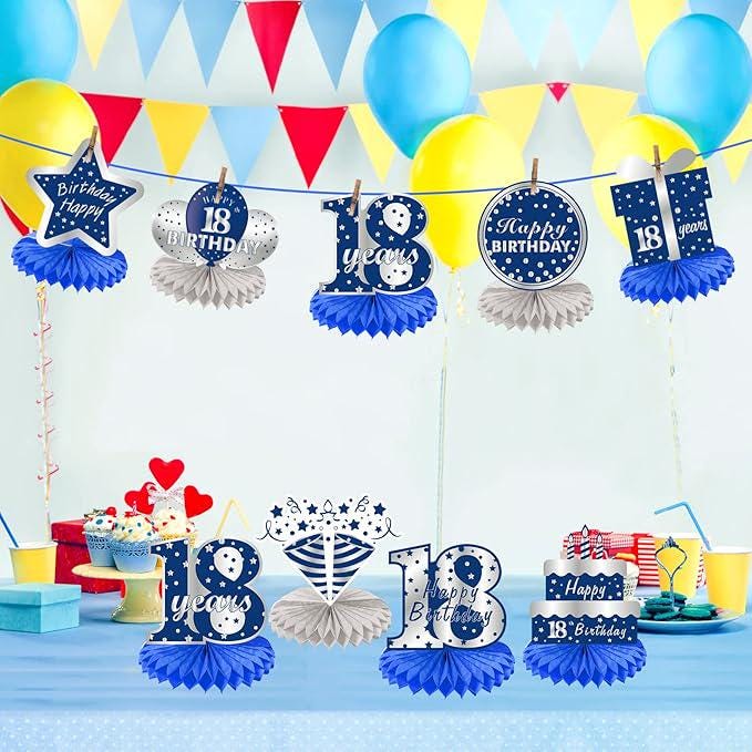 18th Birthday Honeycomb Centerpieces Blue Silver Table Decorations Party Supplies