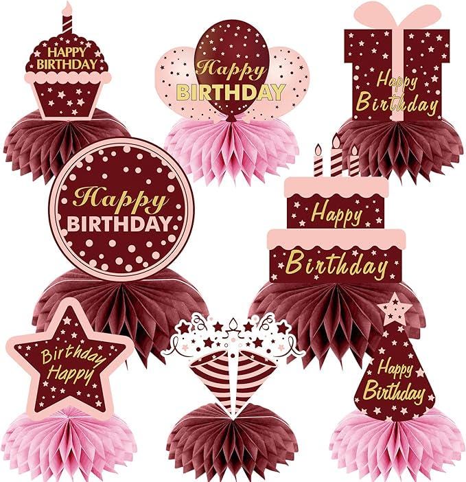 Burgundy Birthday Honeycomb Table Centerpieces Decorations for Women and Girls