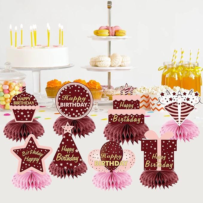 Burgundy Birthday Honeycomb Table Centerpieces Decorations for Women and Girls
