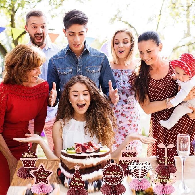 Burgundy Birthday Honeycomb Table Centerpieces Decorations for Women and Girls