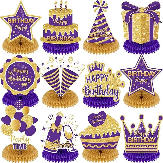 Purple Gold Birthday Honeycomb Table Centerpieces Decorations for Women and Girls