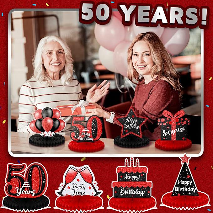Red Black 50th Birthday Honeycomb Table Centerpieces Decorations for All