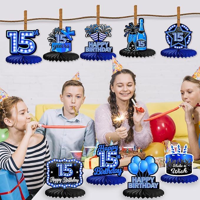 Happy 15th Birthday Blue Neon Honeycomb Table Centerpieces Decorations for Boys and Girls
