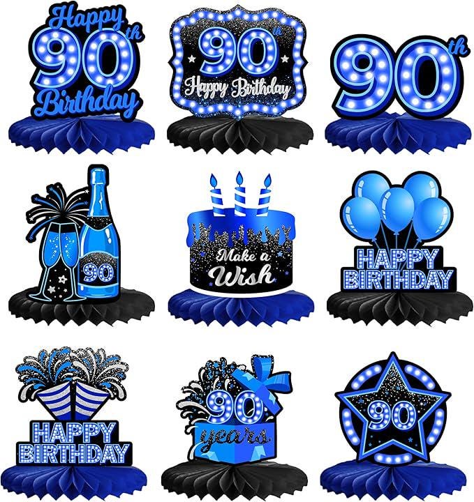 Happy 90th Birthday Blue Neon Honeycomb Table Centerpieces Decorations for Boys and Girls