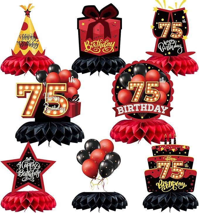 8pcs 75th Birthday Table Decorations Red and Black Honeycomb Centerpieces