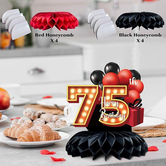 8pcs 75th Birthday Table Decorations Red and Black Honeycomb Centerpieces