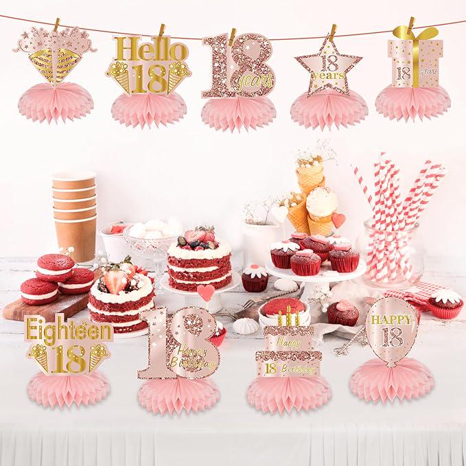 Pink Rose Gold 18th Birthday Honeycomb Table Centerpieces Decorations 9pcs
