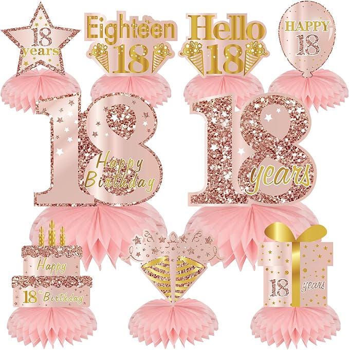 Pink Rose Gold 18th Birthday Honeycomb Table Centerpieces Decorations 9pcs