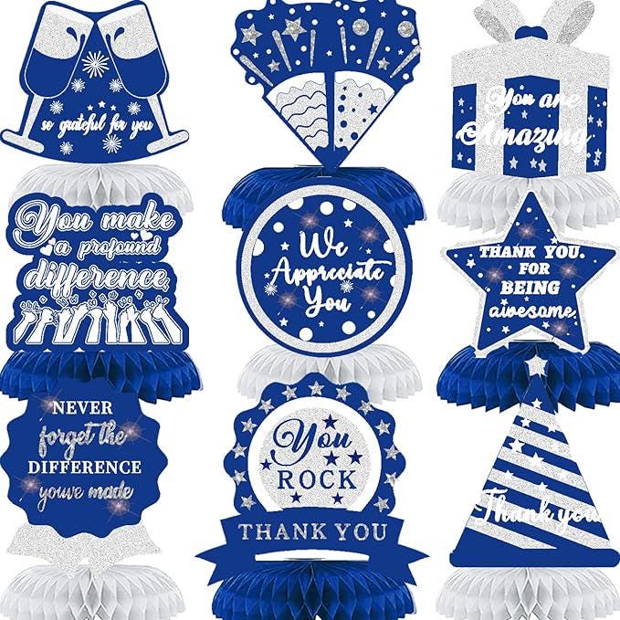 9PCS Appreciation Honeycomb Centerpieces Blue Silver Thank You Party Table Decor