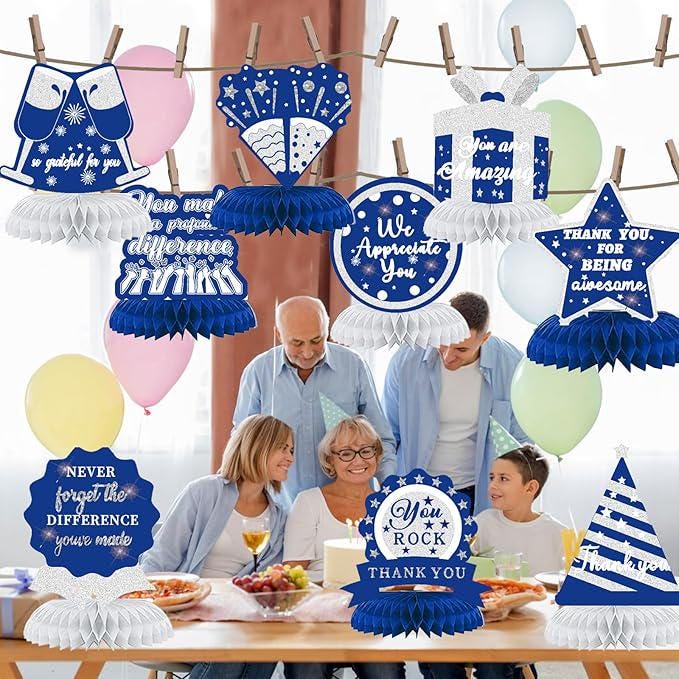 9PCS Appreciation Honeycomb Centerpieces Blue Silver Thank You Party Table Decor