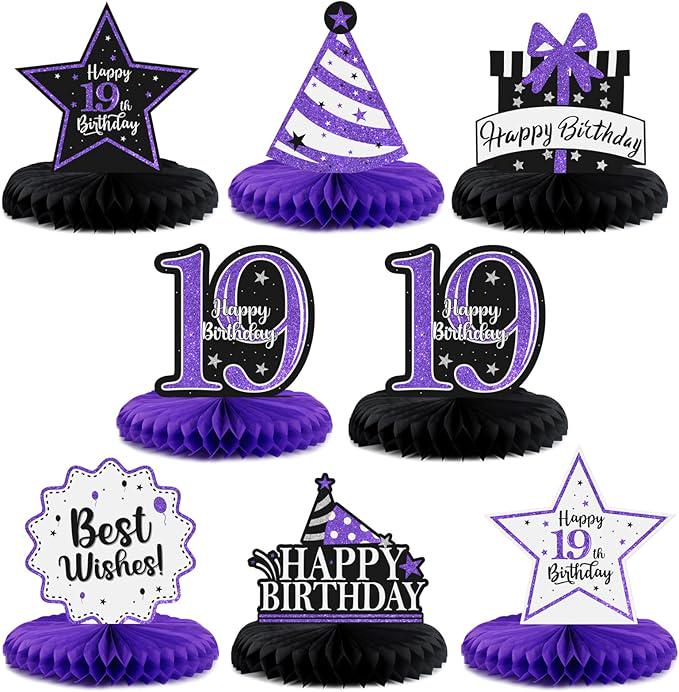 Happy 19th Birthday Purple Glitter Honeycomb Table Centerpieces Party Decor