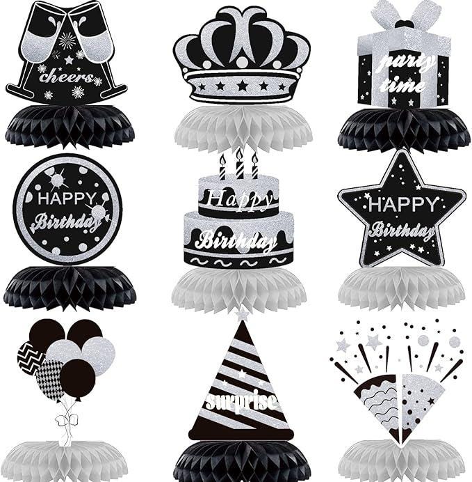 9PCS Black White Silver Birthday Honeycomb Table Centerpieces Party Decorations