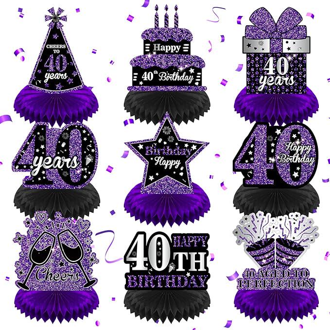 9PCS Purple Black 40th Birthday Honeycomb Table Centerpieces Party Decor