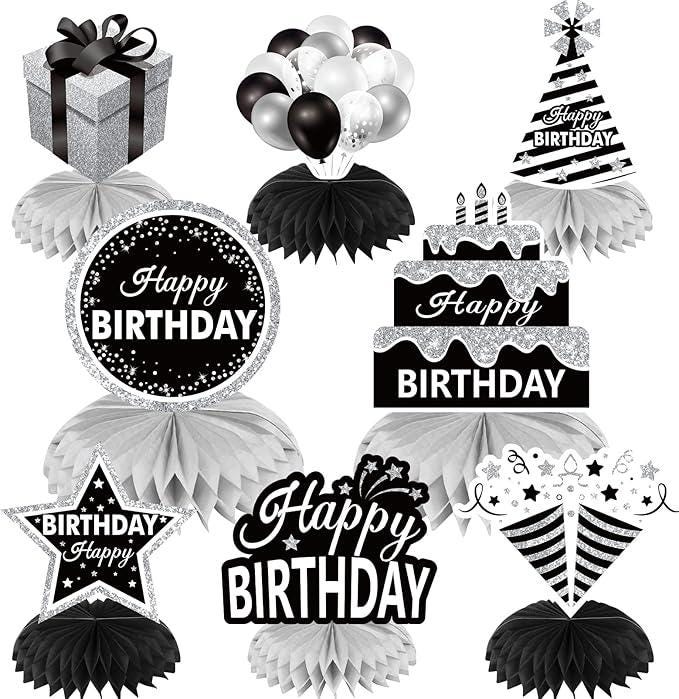 8PCS Black White Silver Birthday Honeycomb Table Centerpieces Party Decorations