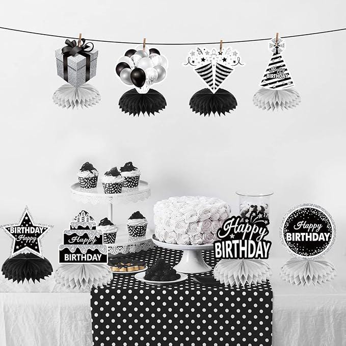 8PCS Black White Silver Birthday Honeycomb Table Centerpieces Party Decorations